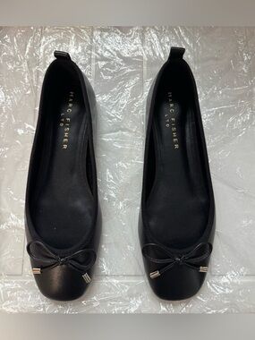 Marc Fisher Black Leather Ballet Flats with Bow Accent